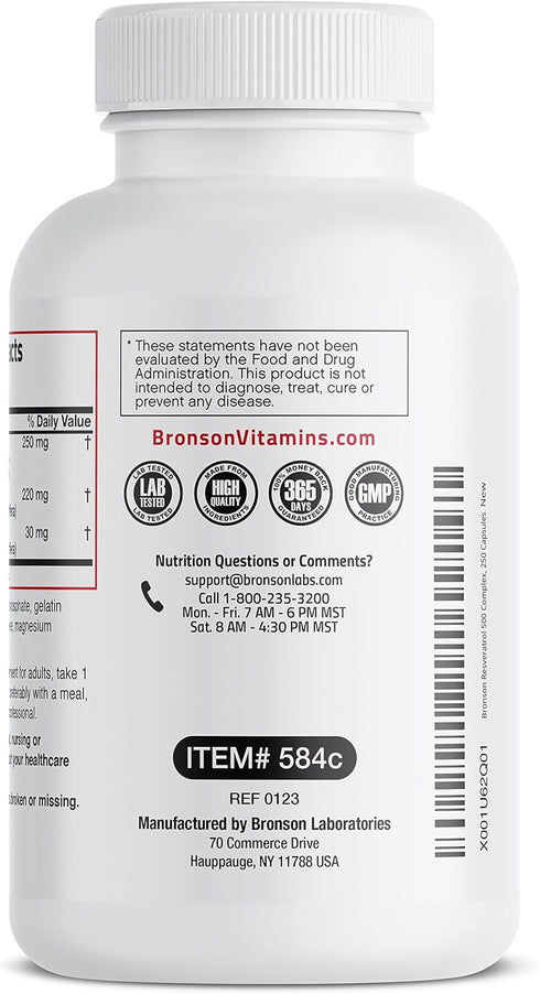 Bronson Resveratrol 500 Complex, Standardized Trans-Resveratrol with Grape Seed & Red Wine Extract, 250 Capsules