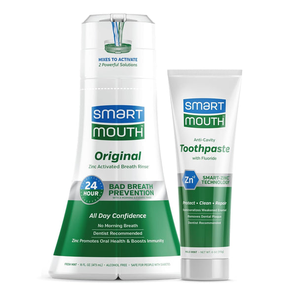 SmartMouth Premium Zinc Ion Toothpaste & Original Activated Mouthwash Combo for Bad Breath (Mild Mint Flavor)