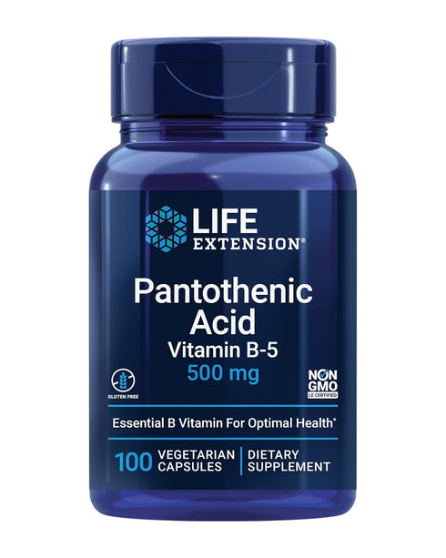 Life Extension Pantothenic Acid 500 mg, Essential B Vitamin for Optimal Health, 100 Capsules
