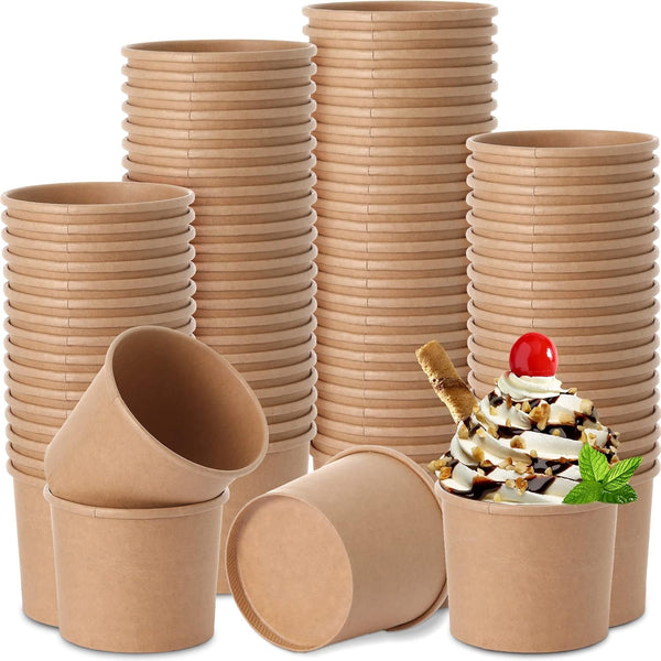 100 Pieces Ice Cream Cups - Paper Disposable Sundae Bowls, Kraft Paper Hot Cold Soup Snack Yogurt Dessert Small Cups