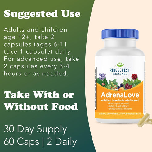 Ridgecrest Herbals AdrenaLove, Stress and Energy Support Supplement, 60 Vegan Caps, 30 Serv