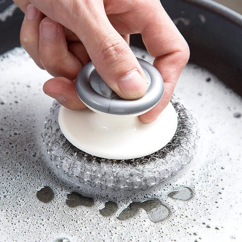 4 Pcs Stainless Steel Wool Scrubber with Handle, Cleaning Supplies for Dishes, Pots, Pans, Grills