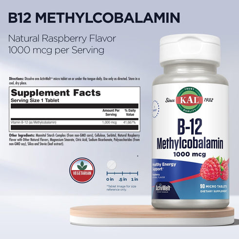 KAL Vitamin B12 Methylcobalamin 1000mcg, 90 Servings, Fast Dissolve ActivMelt, Natural Raspberry Flavor, Healthy