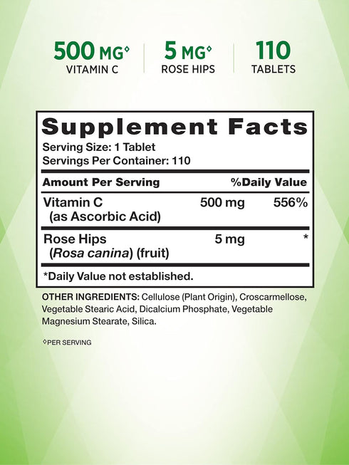 Vitamin C with Rose HIPS 500 mg - 110 Vegetarian Tablets, Non-GMO & Gluten Free by Nature's Truth.