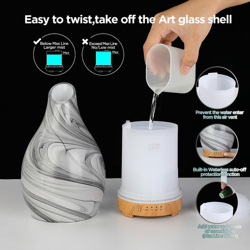 inrorans 160ml 7 Essential Oil Diffuser, Art Glass Ultrasonic Aromatherapy Diffuser for Home with Intermittent Mist