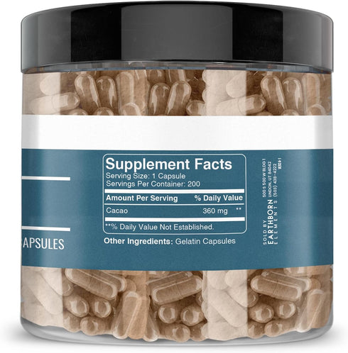 Earthborn Elements Cacao (Cocoa) 200 Capsules, Pure & Undiluted with No Additives
