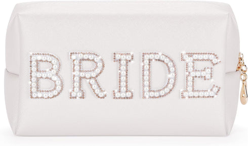 Etercycle Bride Letter Makeup Bag, Bling Pearl Rhinestone Cosmetic Bag for Bachelorette Party Women (Gold)