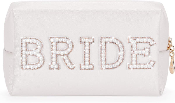 Etercycle Bride Letter Makeup Bag, Bling Pearl Rhinestone Cosmetic Bag for Bachelorette Party Women (Gold)