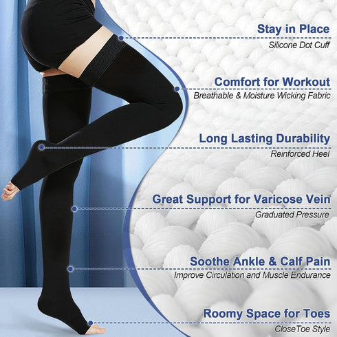 Beister 1 Pair Medical Compression Stockings, Open Toe Thigh High, 20-30 mmHg Support for Varicose Veins, Edema