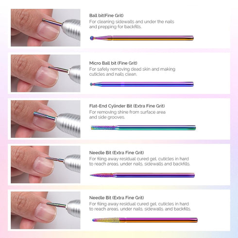 MelodySusie Nail Drill Kit, 10pcs 3/32 Inch Diamond Cuticle Bits, Manicure Pedicure Tools, Rainbow