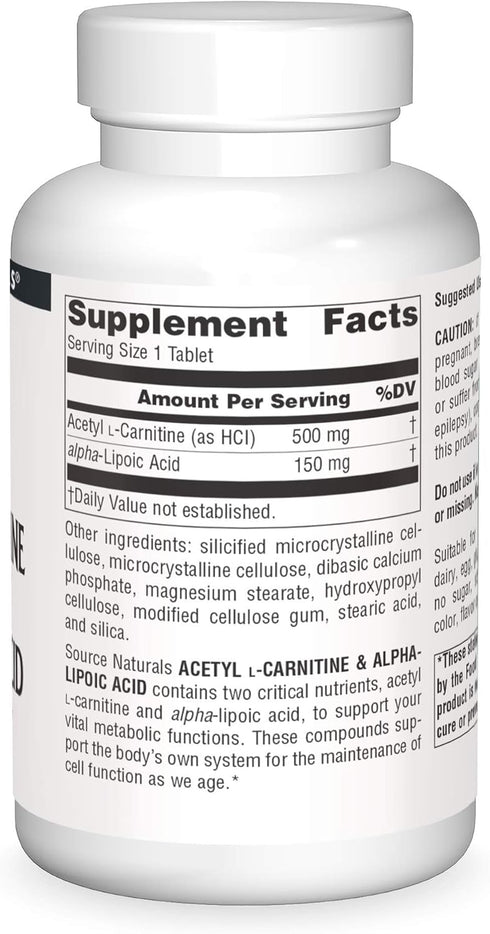 Source Naturals Acetyl L-Carnitine & Alpha-Lipoic Acid 650mg - 120 Tablets
