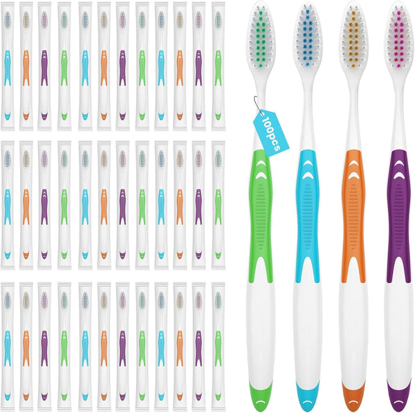 100 Pack Individually Wrapped Bulk Toothbrushes, Disposable for Adults & Kids, Medium Soft Bristles