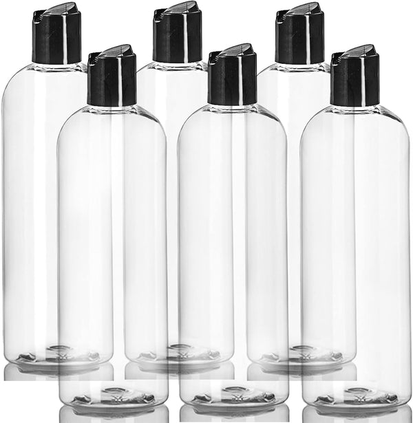 ljdeals 16 oz Clear Plastic Empty Bottles - Black Disc Top Caps, Squeezable Refillable Containers for Shampoo, Lotions
