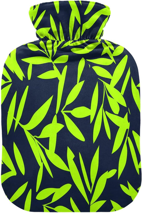 miaozhen 2L Neon Green Leaf Dark Blue hot Water Bottle with Soft Cover Warm Water Bottle for Bed for Menstrual Cramps