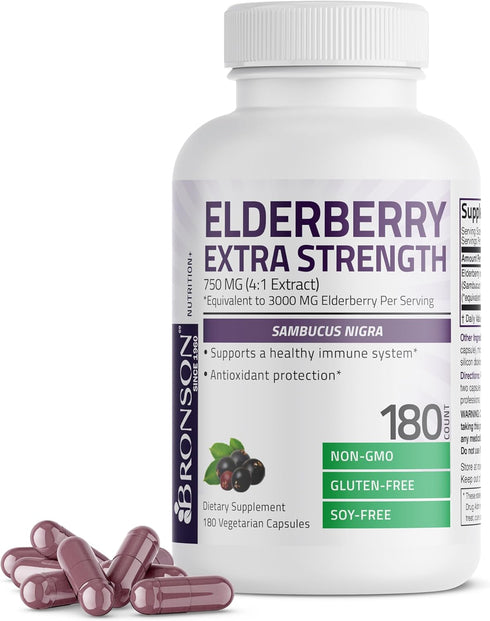 Bronson Elderberry Extra Strength, Supports Immune System & Antioxidant Protection, Non-GMO, 180 Vegetarian Capsules