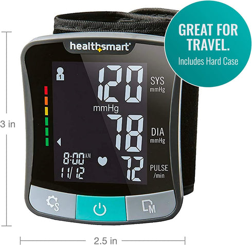 HealthSmart Digital Premium Wrist Blood Pressure Monitor, Cuff Measures Pulse Heartbeat, High or Low BP, 120 Reading