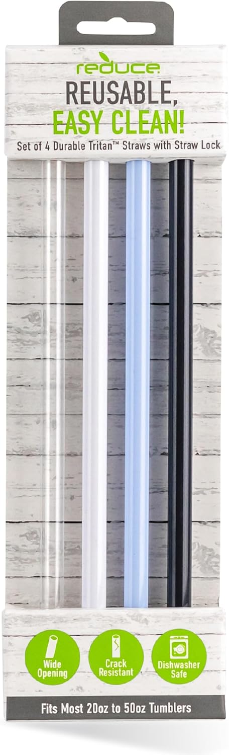 Reduce Reusable Hard Plastic Straws - 4 Pack, BPA-Free, Dishwasher Safe, Fits 20-50 oz Tumbler Mugs