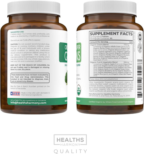 USDA Organic Greens Powder (180 Tablets) Complete Superfood Supplement with 28 Fruits & Vegetables for Energy & Immune