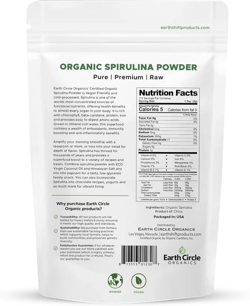 Earth Circle Organics Spirulina Powder, Raw, Kosher, Non-Irradiated | Premium Vegan Protein Superfood - (8oz - 2Pack)