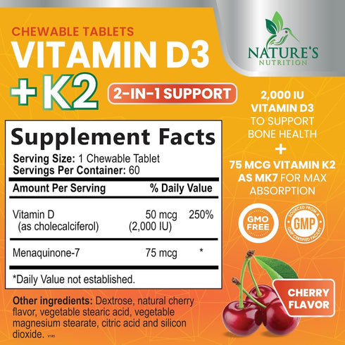 Vitamin D3 K2 2000 IU Plus with K2 (MK-7) 75 mcg - Vitamins D & K Complex Supplement for Bone, Teeth, Muscle Health