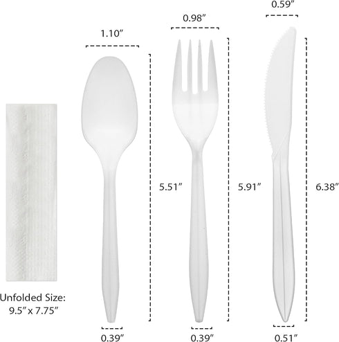 Party Essentials Individually Wrapped Plastic Cutlery Packets/Silverware Kits, White Fork/Spoon/Knife/Napkin, 100 Sets by Party Essentials