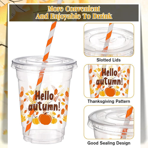 Yaomiao 300 12 oz Set Pcs Thanksgiving Day Plastic Cups with Lids and Straw Fall Plastic Party Cups Thanksgiving