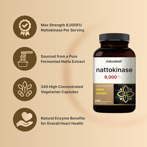 NatureBell Nattokinase Supplement 240 Veggie Capsules, 8,000 FU Per Serving for Max Strength Enzyme & Heart Health