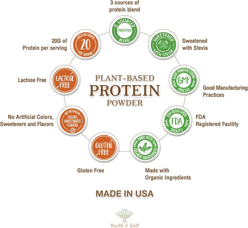 Health & Well Plant-Based Protein Powder, Vanilla, Three Vegan Proteins, Eight Super Fruits
