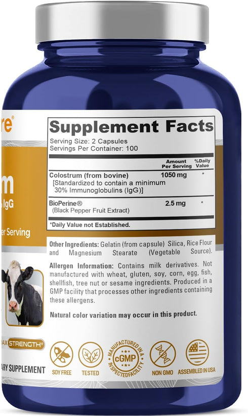 NusaPure Colostrum 1050mg, 30% IgG, 200 capsules, Non-GMO, Soyfree, with Bioperine