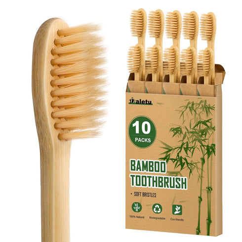 10 Pack Bamboo Toothbrushes with Soft Bristles, Biodegradable BPA Free Eco-Friendly Wooden Organic Toothbrush
