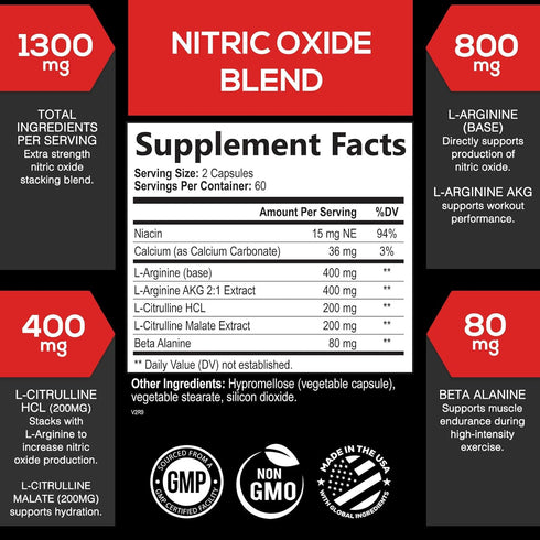 Extra Strength Nitric Oxide Supplement 3X L Arginine, Citrulline Malate, AAKG, Beta Alanine - 120 Capsules