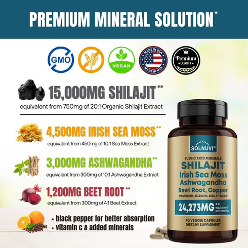 Shilajit Pure Himalayan Organic Capsules, 15000mg with Irish Sea Moss & Ashwagandha, 90 Count, Non-GMO, Gluten-Free