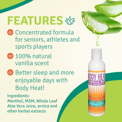 Aloe Life Body Heat Vanilla Rub, 7 oz, Lubricating, Warming Action, Gluten-Free