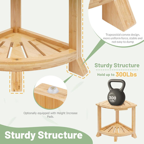 2-in-1 18 Inch Bamboo Shower Stool with Storage Shelf, Corner Stool & Foot Rest, Non-Slip Waterproof Bathroom Seat