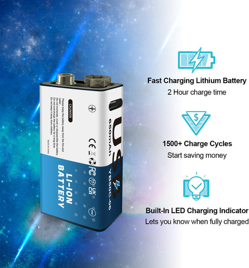 YUEBVIWIE 2 Pack 9V 650mAh 9V 1.5 1200 USB Li-ion Rechargeable Battery, High Capacity Rechargeable Battery, H Fast