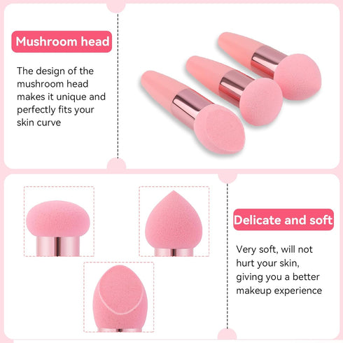 3 Pcs Makeup Foundation Sponge, Pink Beauty Blender Sponge Cosmetic Powder Puff with Handle Applicator