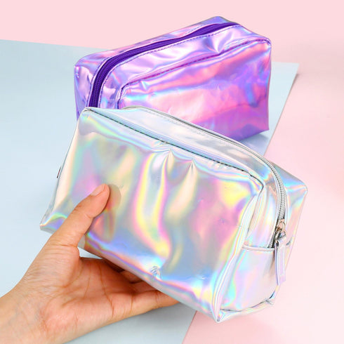Teensery PU Leather Holographic Makeup Pouch, Waterproof Toiletries Organizer Pen Bag for Women and Girls, Purple