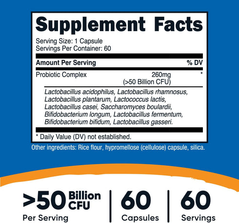 Nutricost Probiotic Complex - 50 Billion CFU, 60 Capsules - Probiotic for Men and Women - Vegetarian Capsules, Non-GMO, Gluten Free