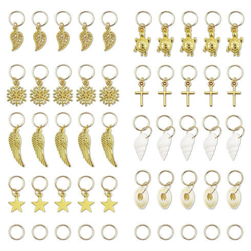JIALEEY Hair Braid Rings, 50PCS Hair Loops Clips Gold Ring Shell Leaves Star Conch Snowflake Pendant Charms Set Hair