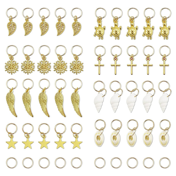 JIALEEY Hair Braid Rings, 50PCS Hair Loops Clips Gold Ring Shell Leaves Star Conch Snowflake Pendant Charms Set Hair