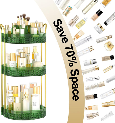 Rotating Makeup Organizer for Vanity 3 Tier, Perfume Organizer with Makeup Brush Holder, Large Capacity Cosmetics Clear Skincare Organizer for Countertop (Green) by BOCONY