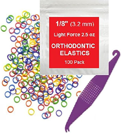 Orthodontic Rubber Bands for Braces, Premium Quality Elastic, Light Force, 100 Pack, 2.5 oz, 1/8 Inch, Neon