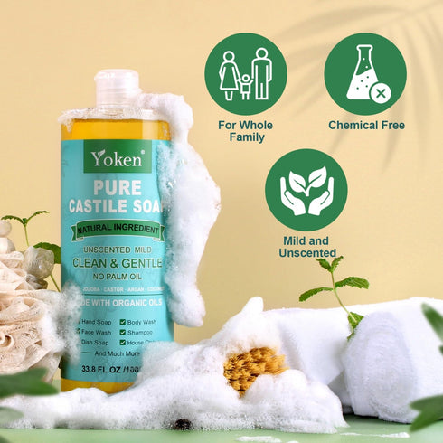 Yoken EWG Verified Castile Soap, Liquid Unscented, 33.8 fl oz, Organic Oil, Natural Castor Oil Soap for Body Wash,