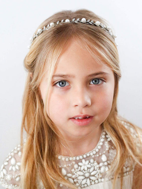 SWEETV Flower Girl Headpiece Silver Pearl Girls Headband for Wedding Princess Hair Accessories for Birthday Party, First Communion