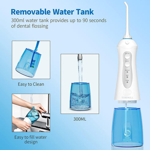 Cordless Water Dental Flosser, Portable Rechargeable Teeth Pick, 3 Modes, 4 Jet Tips, 300 ML IPX7 Waterproof