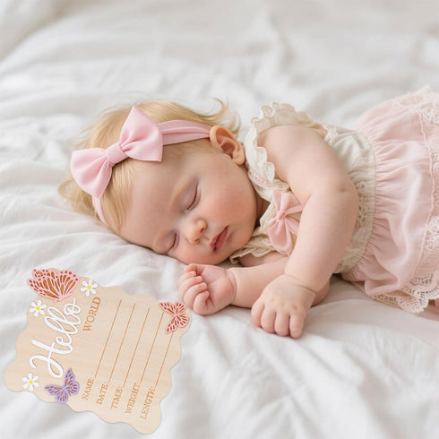 lasuroa Butterfly Daisy Hello World Newborn Sign, Wooden Baby Birth Announcement Board Newborn Welcome Decoration