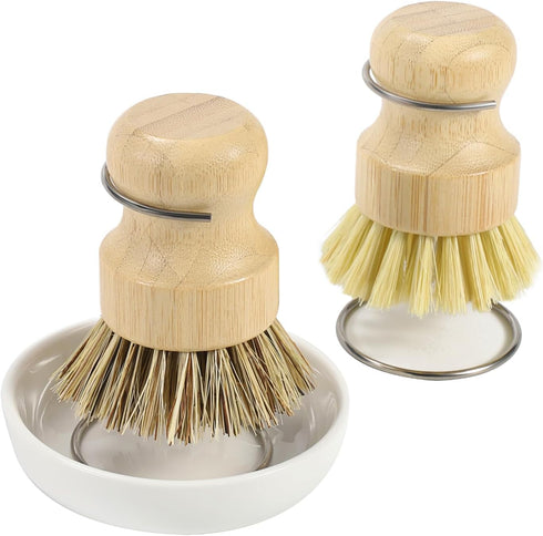 DEBETOOL Bamboo Dish Brush Set with Holder - Natural Dish Scrub Brush