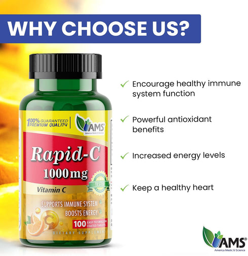 America Medic & Science Rapid-C, 1000mg Vitamin C Supplement, 1 Pack of 100 Tablets, Energy Booster, Daily Immune