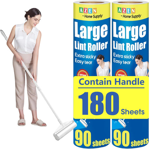 AZEN Large Lint Rollers for Pet Hair, Extra Sticky 9.45 in Rollers for Floor Carpet, 180 Sheets with Handle