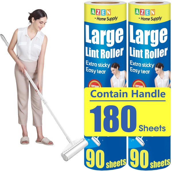 AZEN Large Lint Rollers for Pet Hair, Extra Sticky 9.45 in Rollers for Floor Carpet, 180 Sheets with Handle